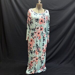 Floral Maxi Dress in Mint with Pink Roses